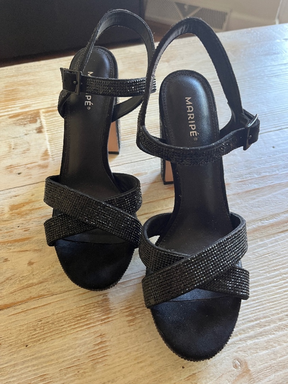 Maripe rhinestone embellished black high heels. Womens size 9